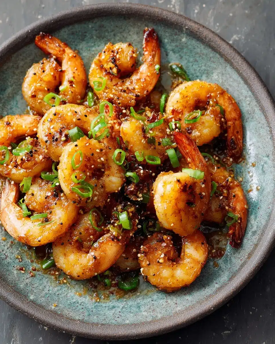 Plate of high-protein honey garlic shrimp garnished with green onions