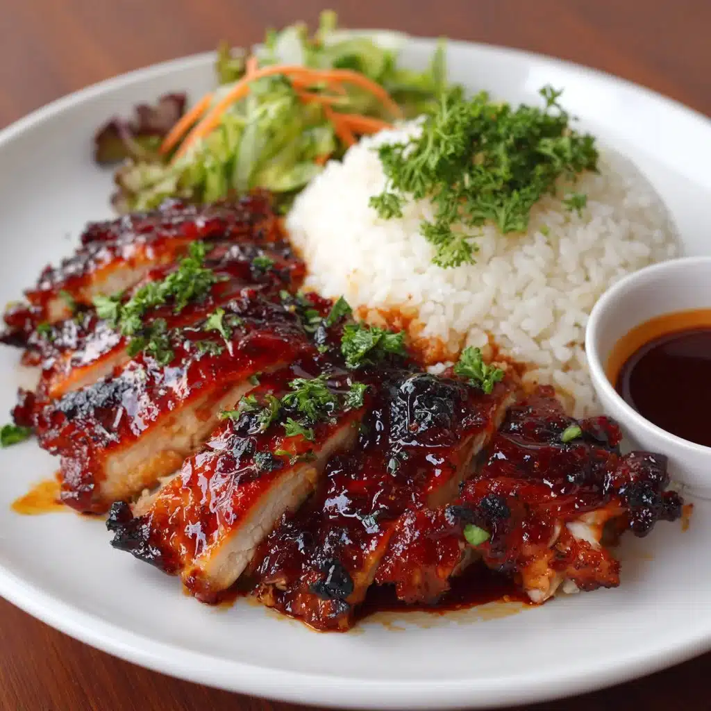 Delicious Honey BBQ Chicken served over fluffy rice for a hearty meal.