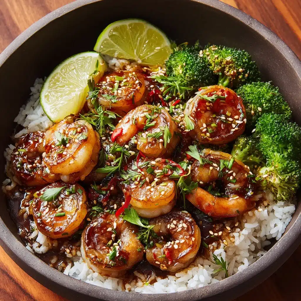 Honey Garlic Shrimp Bowls garnished with vegetables in a bowl