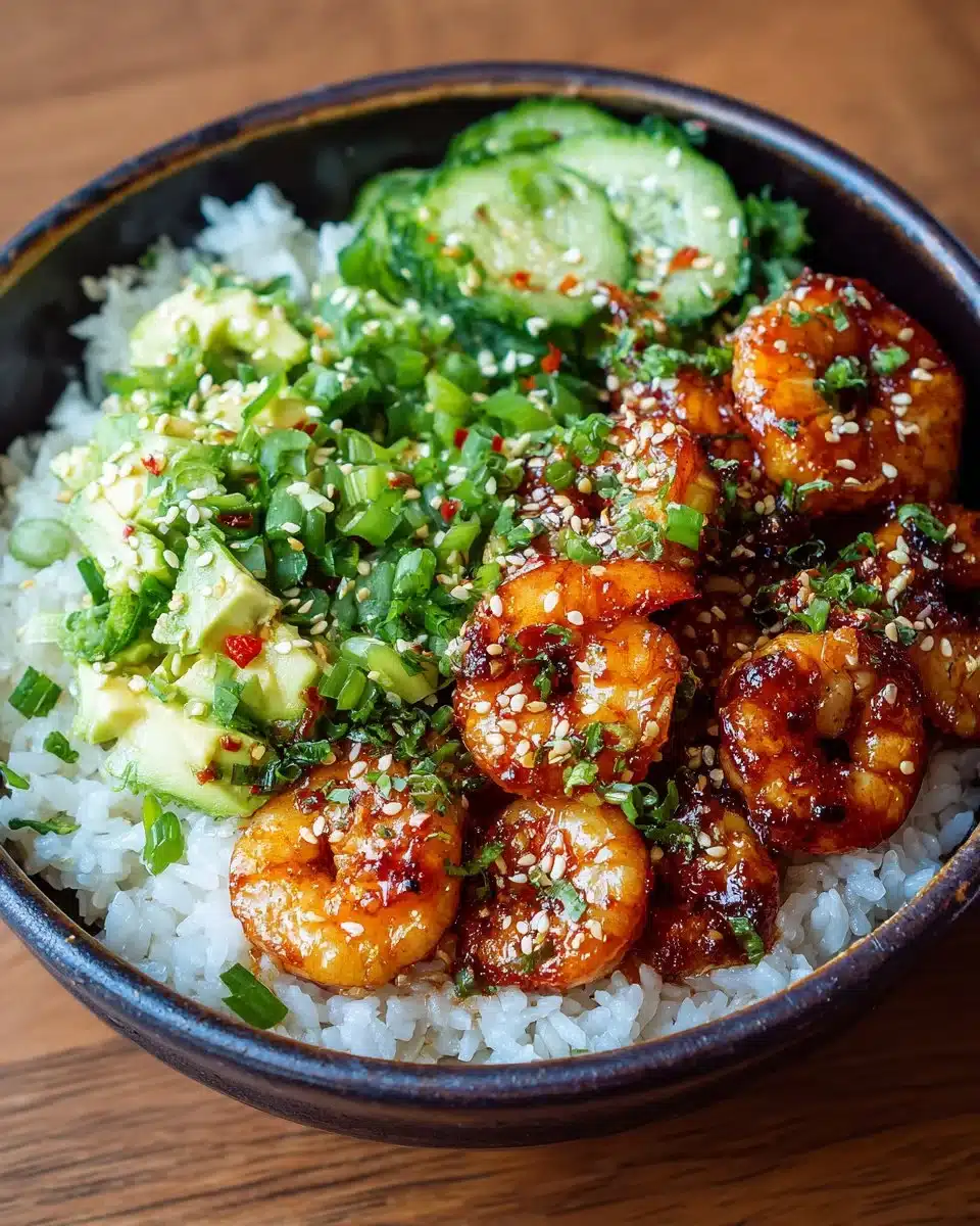 Honey garlic shrimp served in a vibrant bowl with fresh vegetables and rice