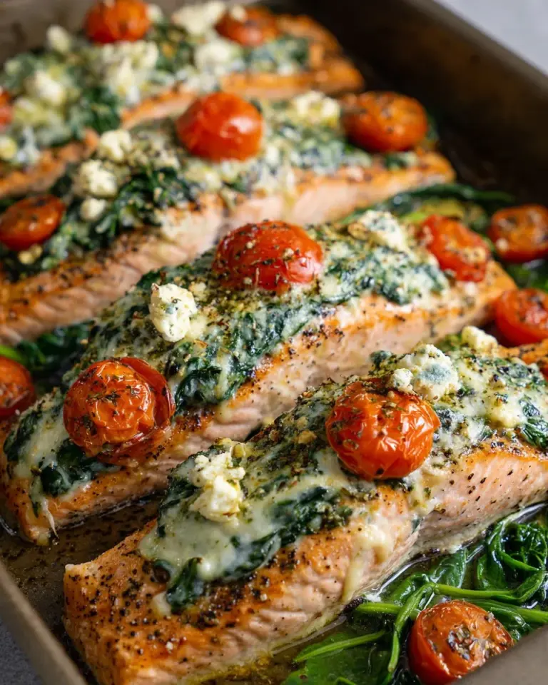 Baked salmon topped with spinach and mozzarella, served on a plate.