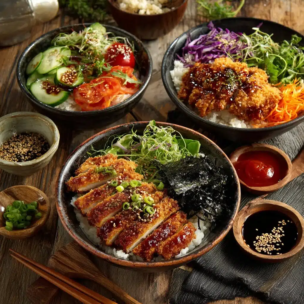 Delicious Japanese Katsu Bowl with crispy meat and rice