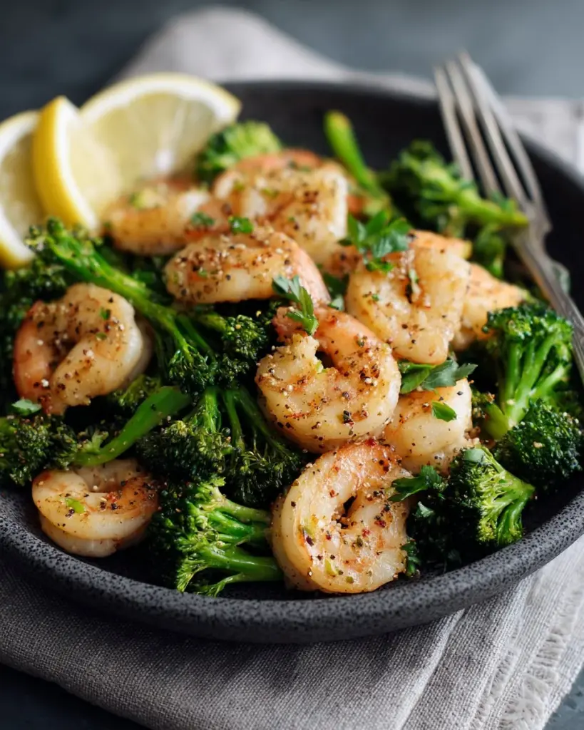 Plate of low carb shrimp and broccoli stir-fry garnished with herbs