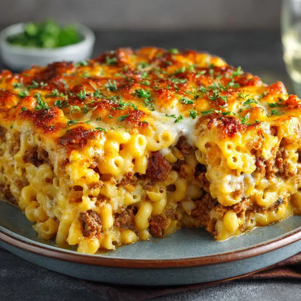 Delicious Mac and Cheese Meatloaf Casserole served in a rustic dish.
