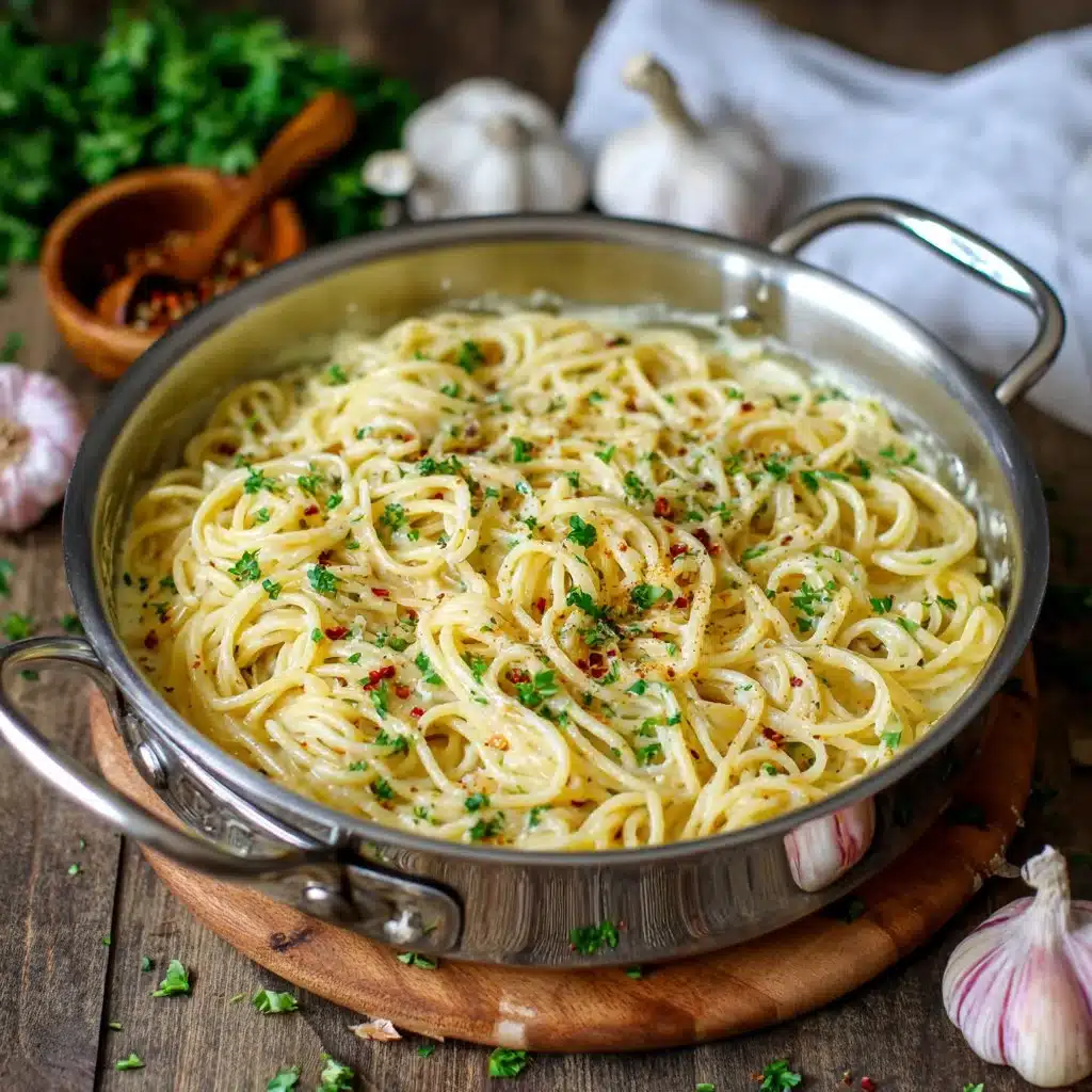 One Pot Creamy Garlic Pasta served in a bowl with fresh herbs