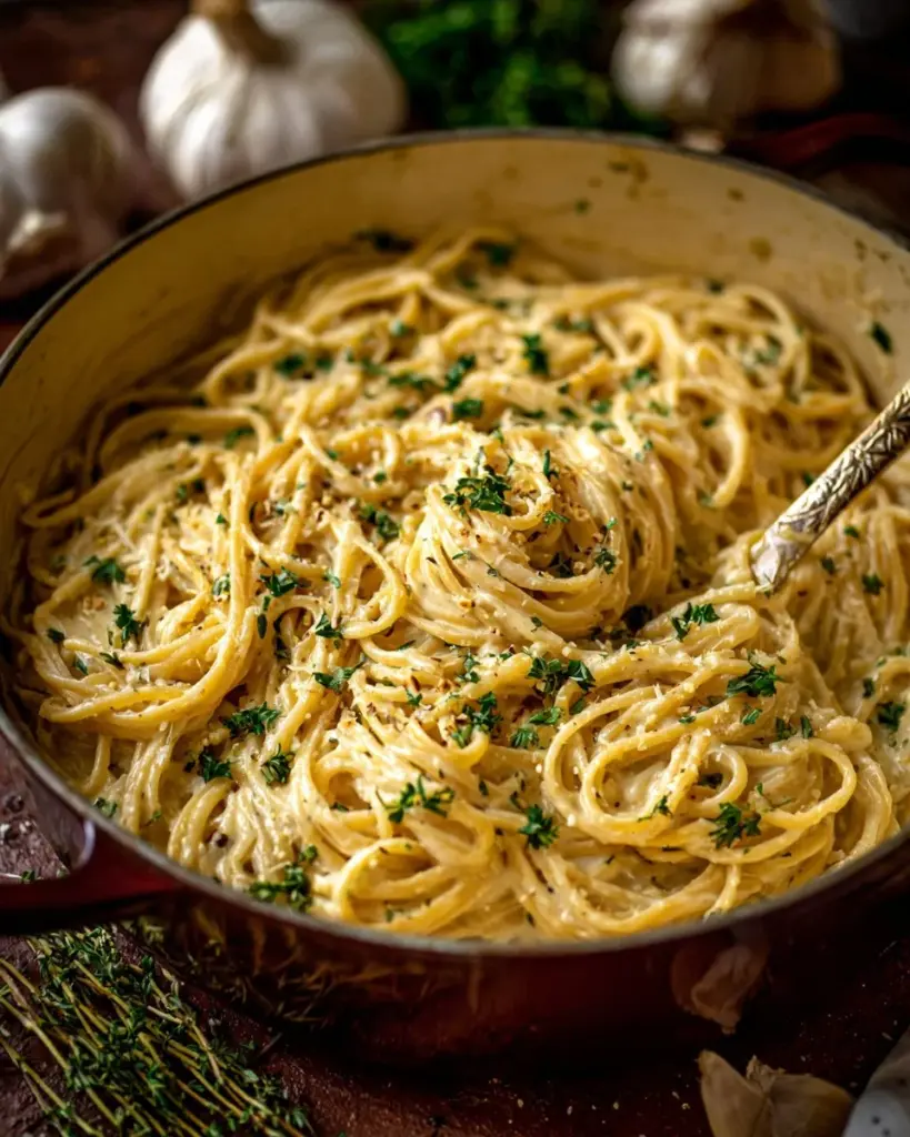 One Pot Creamy Garlic Pasta served in a bowl with garlic and herbs