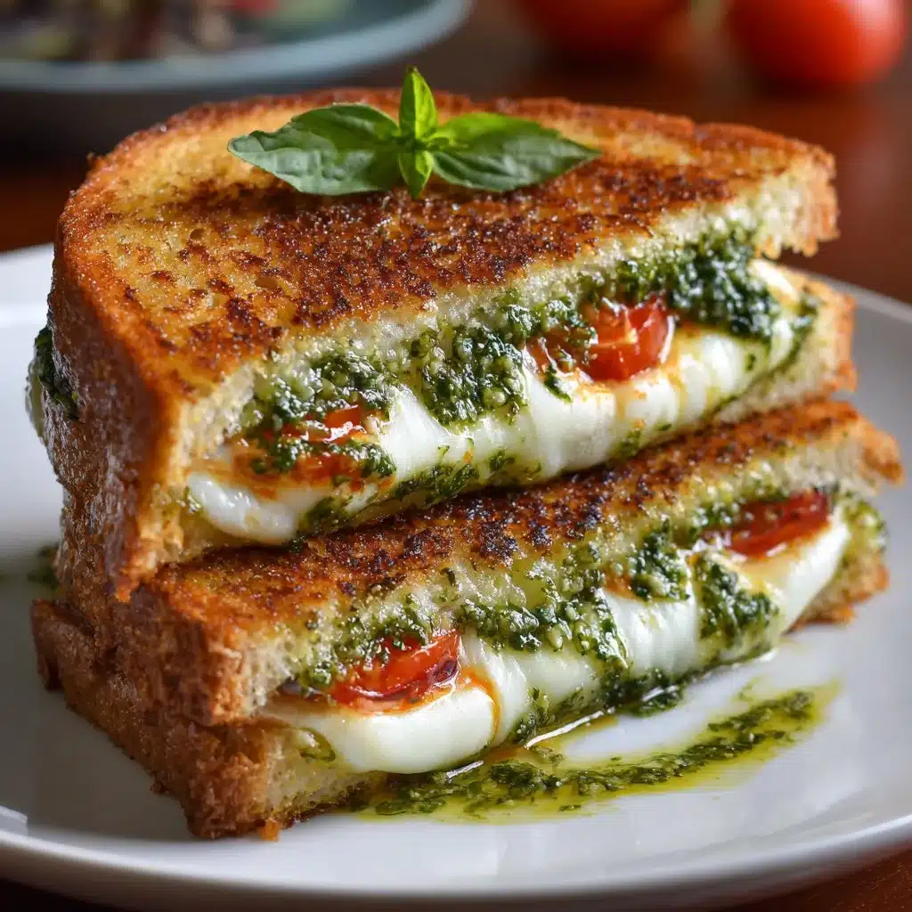 Pesto grilled cheese sandwich with melted cheese and fresh basil on a plate.