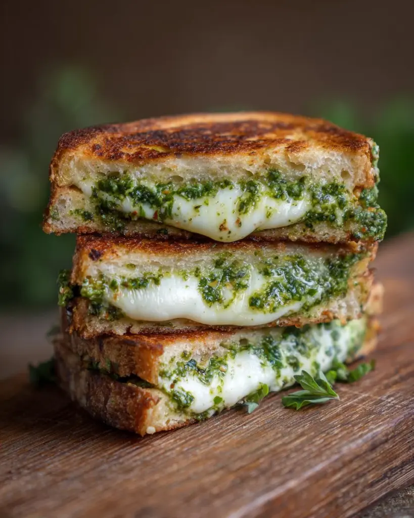 Mouthwatering pesto grilled cheese sandwich with melted cheese and fresh basil