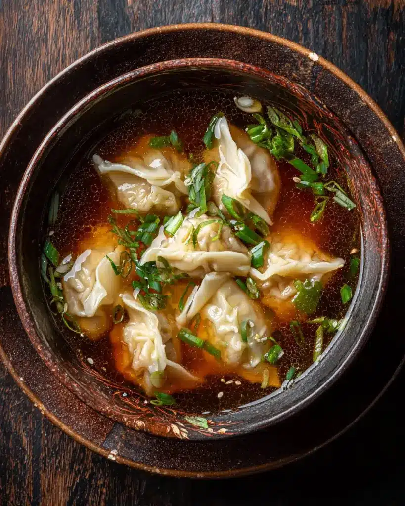 Bowl of delicious Potsticker Soup with potstickers, vegetables, and broth