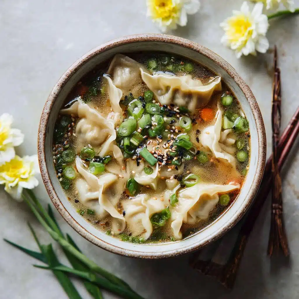 Bowl of Potsticker Soup garnished with herbs and dumplings