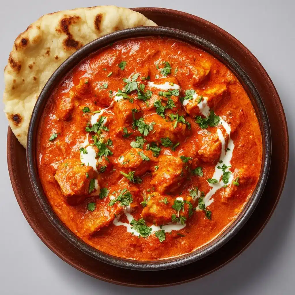 Delicious homemade butter chicken served with rice and naan