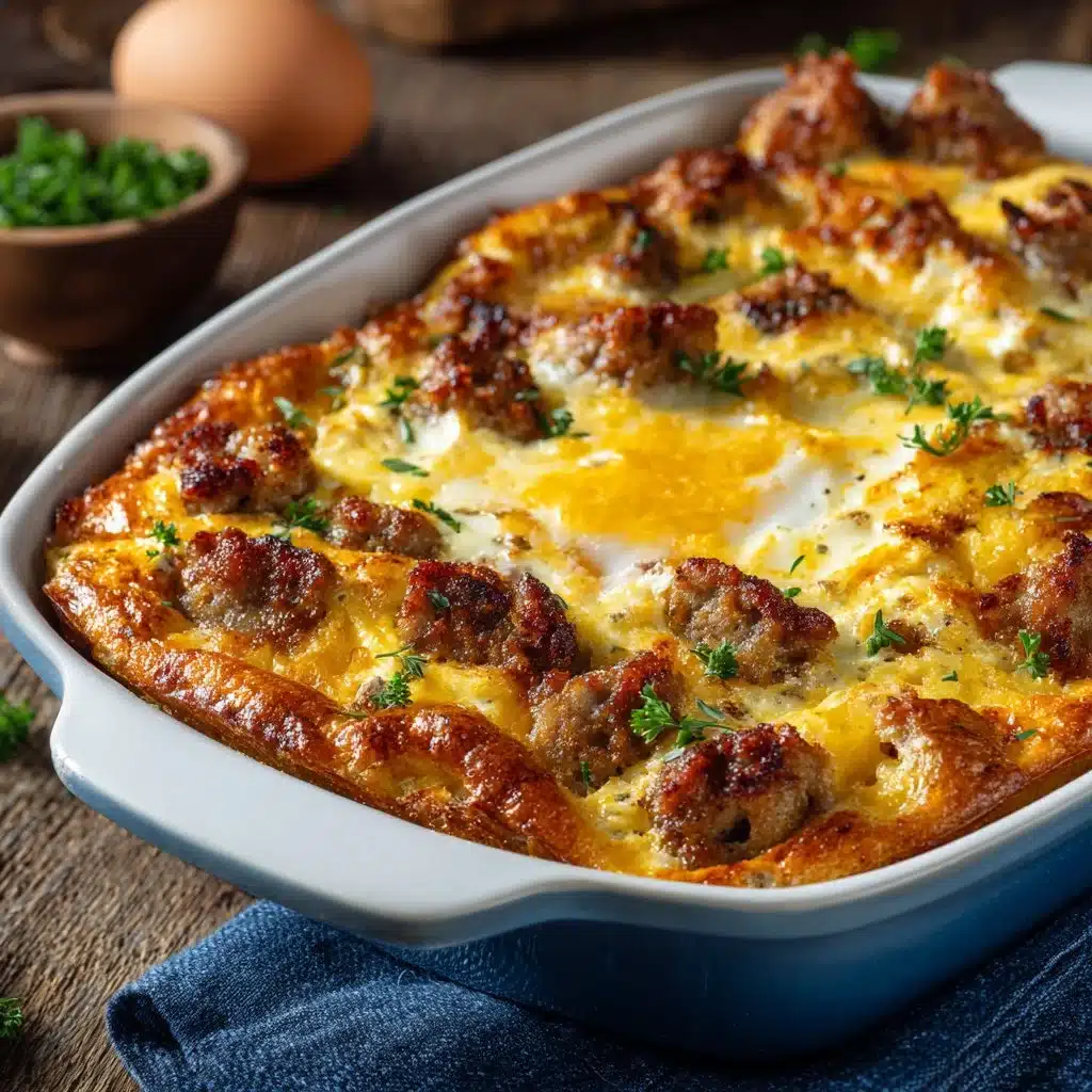 Sausage and Egg Casserole baked dish with cheese and herbs