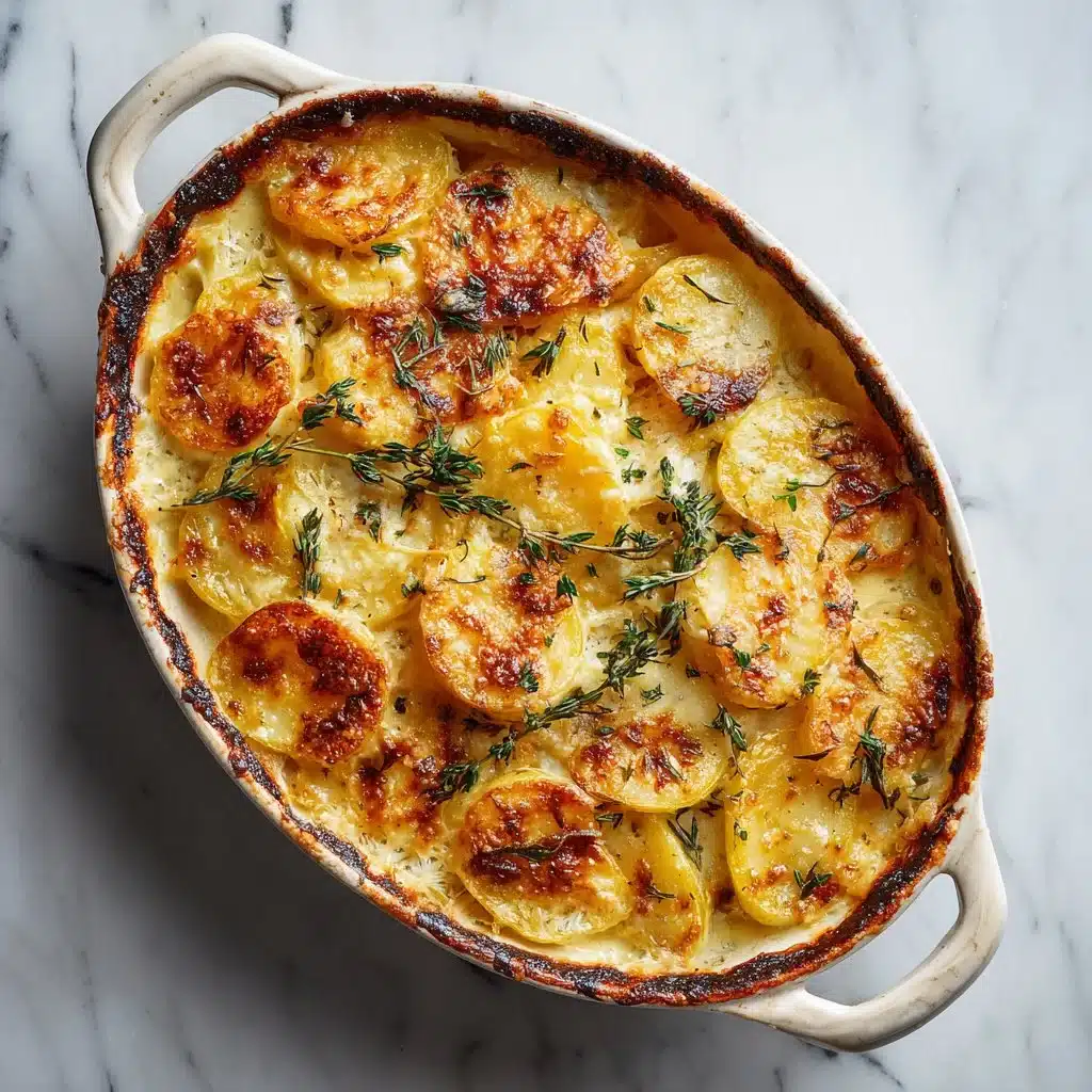 Creamy scalloped potatoes baked in a golden dish, garnished with herbs.