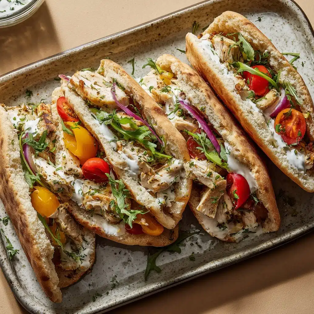 Sheet pan chicken pitas with herby ranch sauce served on a plate