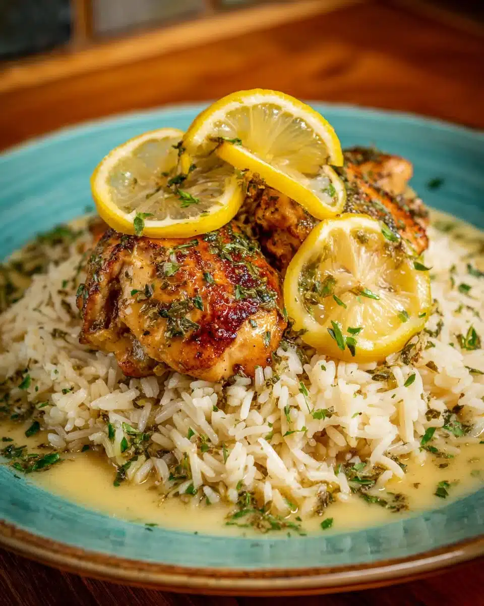 Slow Cooker Lemon Herb Chicken with Fluffy Rice on a plate