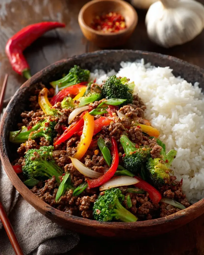 Spicy ground beef stir-fry bowl with garlic vegetables and steaming rice