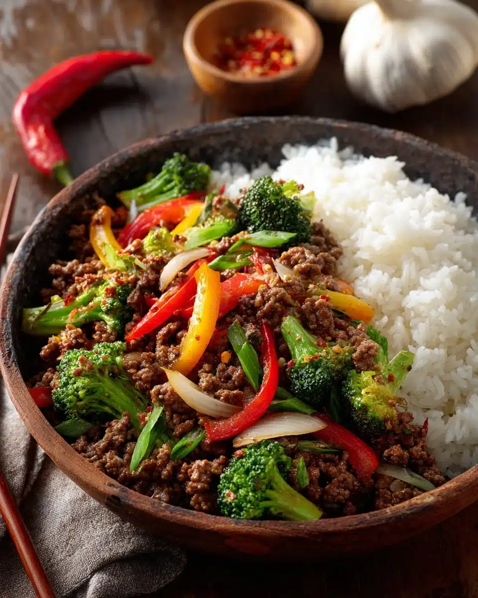 Spicy ground beef stir-fry bowl with garlic vegetables and steaming rice