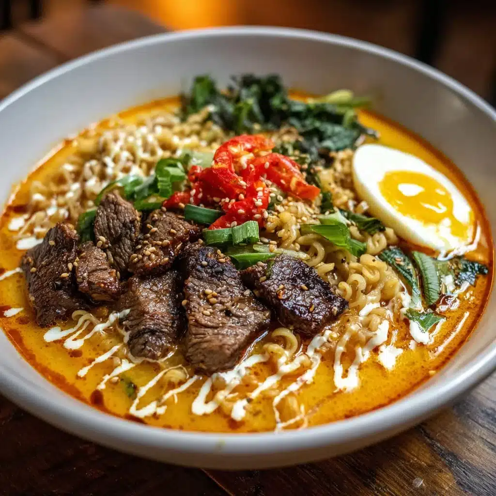 Spicy Korean Ramen topped with grilled beef and creamy sauce