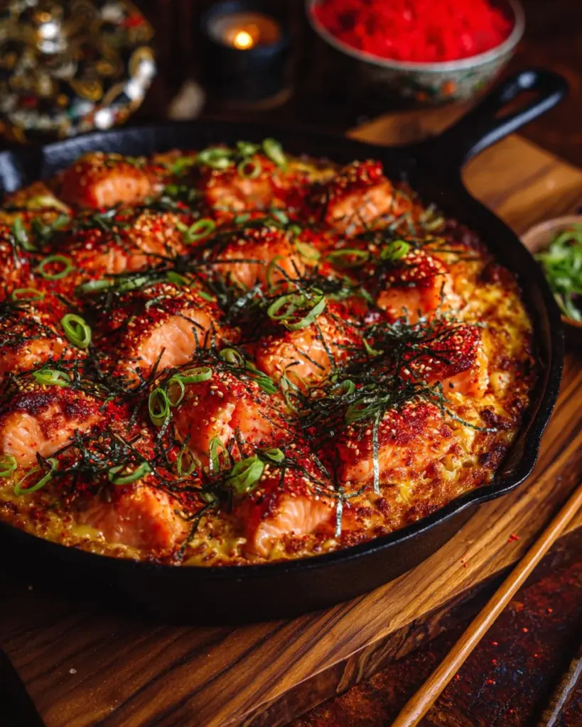 Spicy salmon sushi bake topped with creamy sauce and green onions in a baking dish.