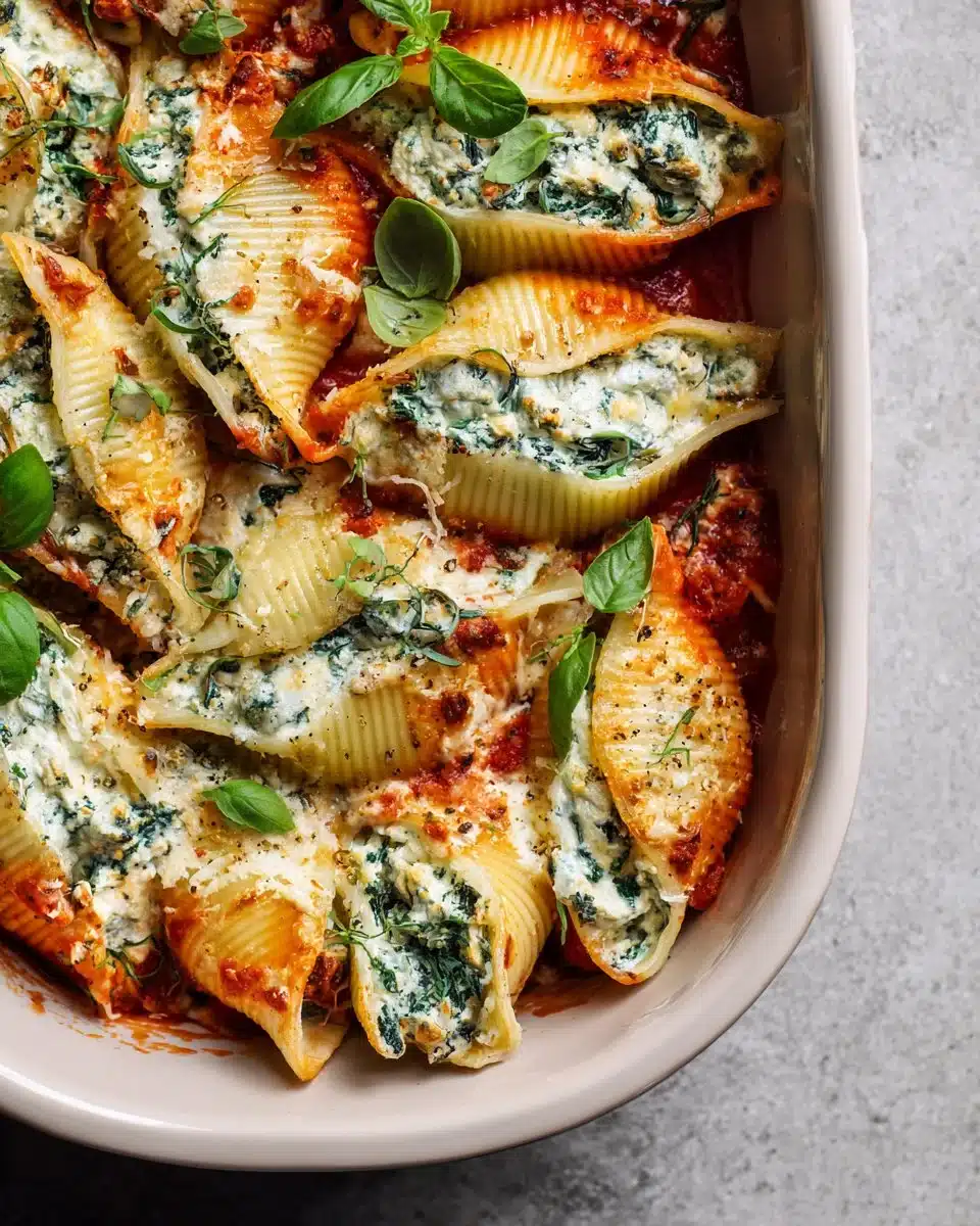 Baked Spinach and Ricotta Stuffed Shells served with marinara sauce