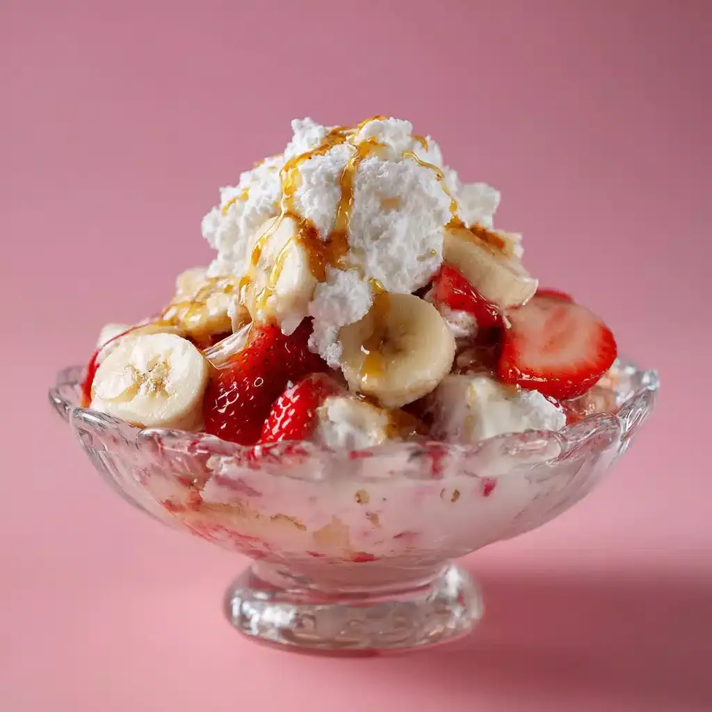 Delicious strawberry banana pudding served in a bowl with fresh fruit toppings.
