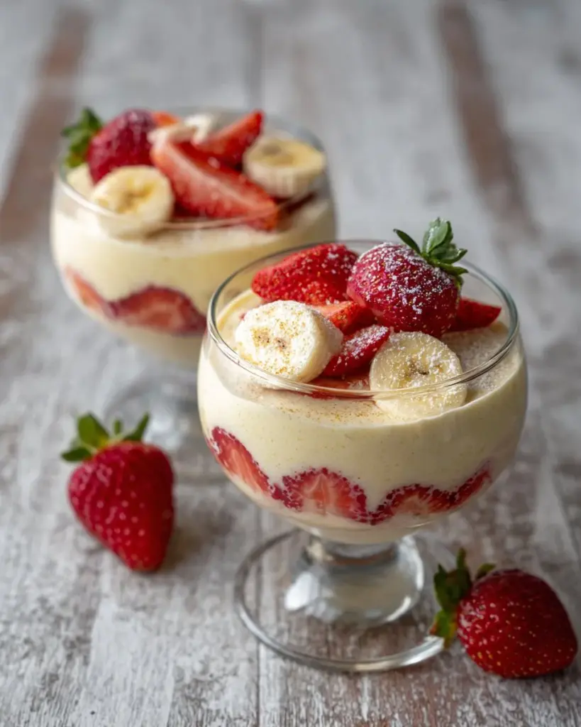 Delicious strawberry banana pudding topped with fresh strawberries and bananas