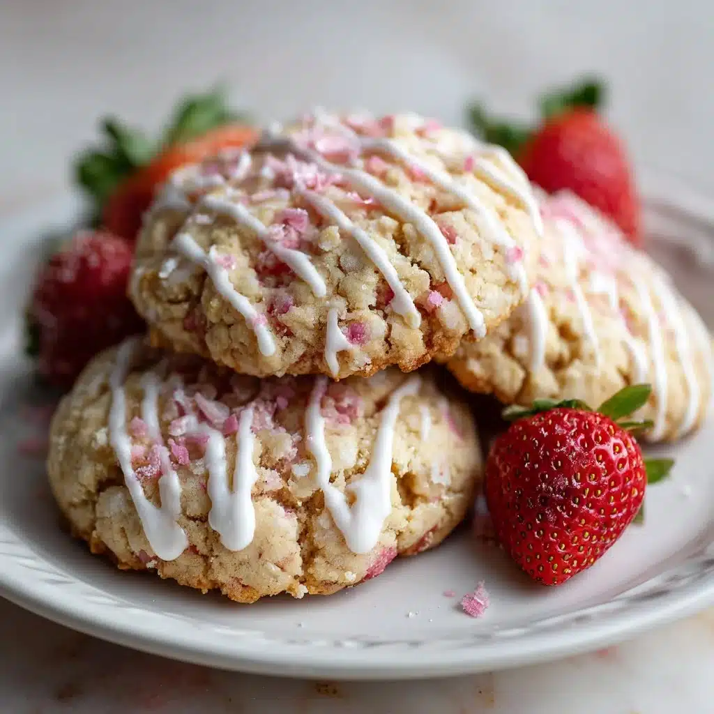Freshly baked strawberry cheesecake cookies on a plate