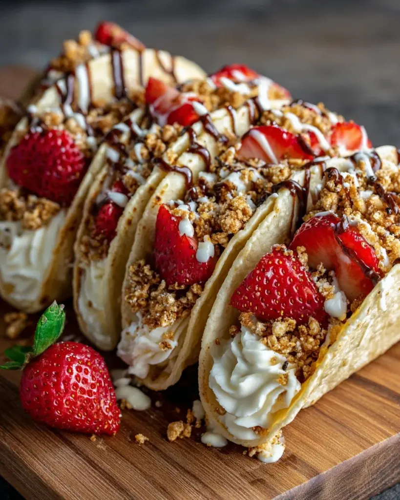 Delicious strawberry crunch cheesecake tacos served on a plate
