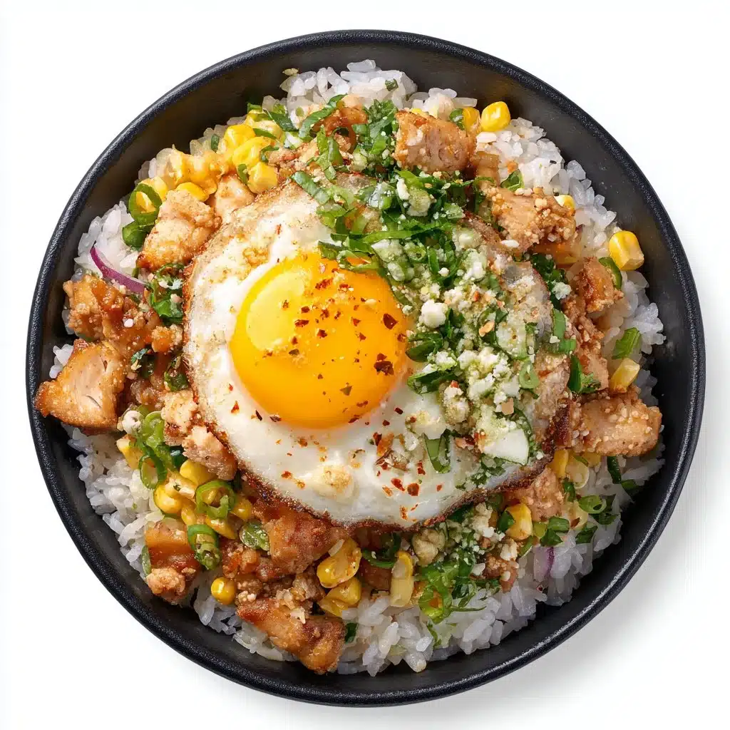 Delicious Street Corn Chicken Rice Bowl garnished with fresh corn and herbs