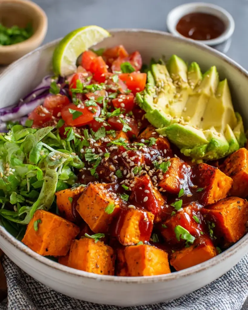 Delicious sweet potato taco bowl with vibrant toppings and fresh ingredients