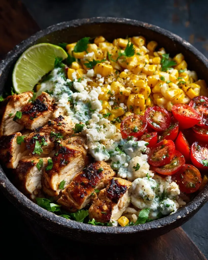 Tasty street corn chicken bowl topped with fresh cilantro and cheese