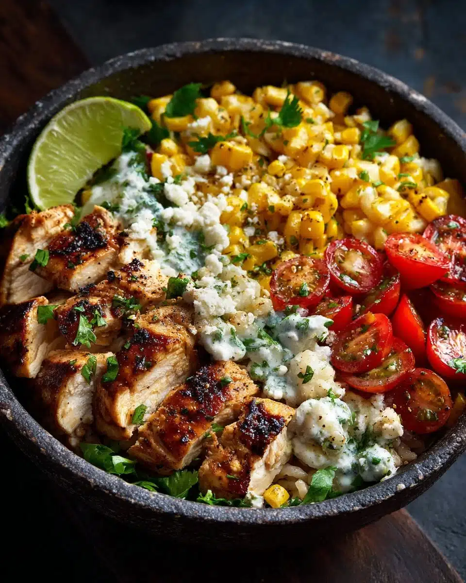 Tasty street corn chicken bowl topped with fresh cilantro and cheese