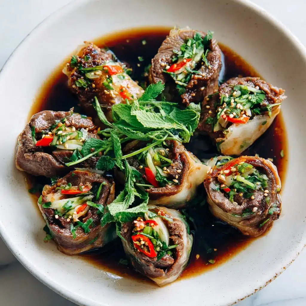 Freshly made Thai Basil Beef Rolls garnished with herbs and spices