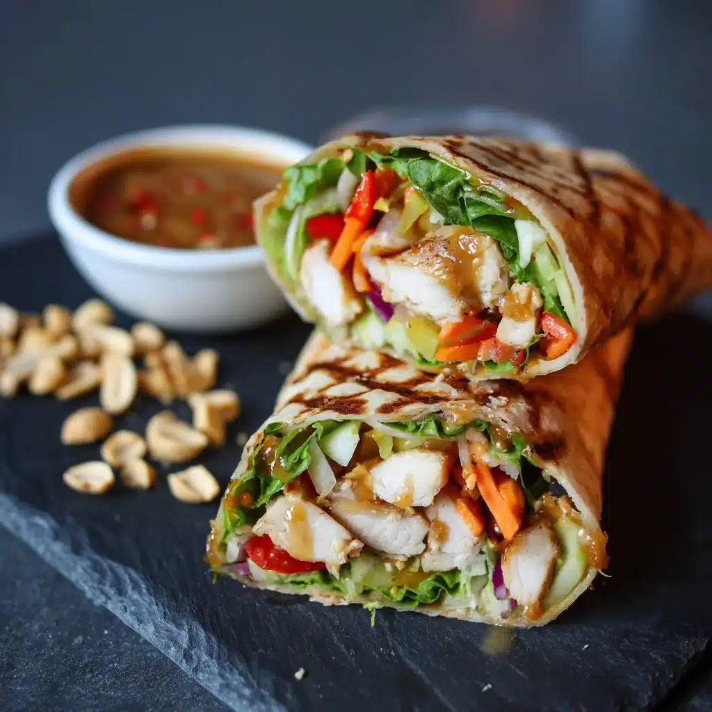 Thai Peanut Chicken Wraps filled with fresh ingredients and rich peanut sauce
