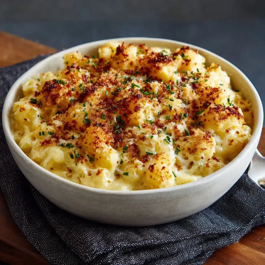 Bowl of Tini's viral macaroni and cheese topped with a golden breadcrumb crust