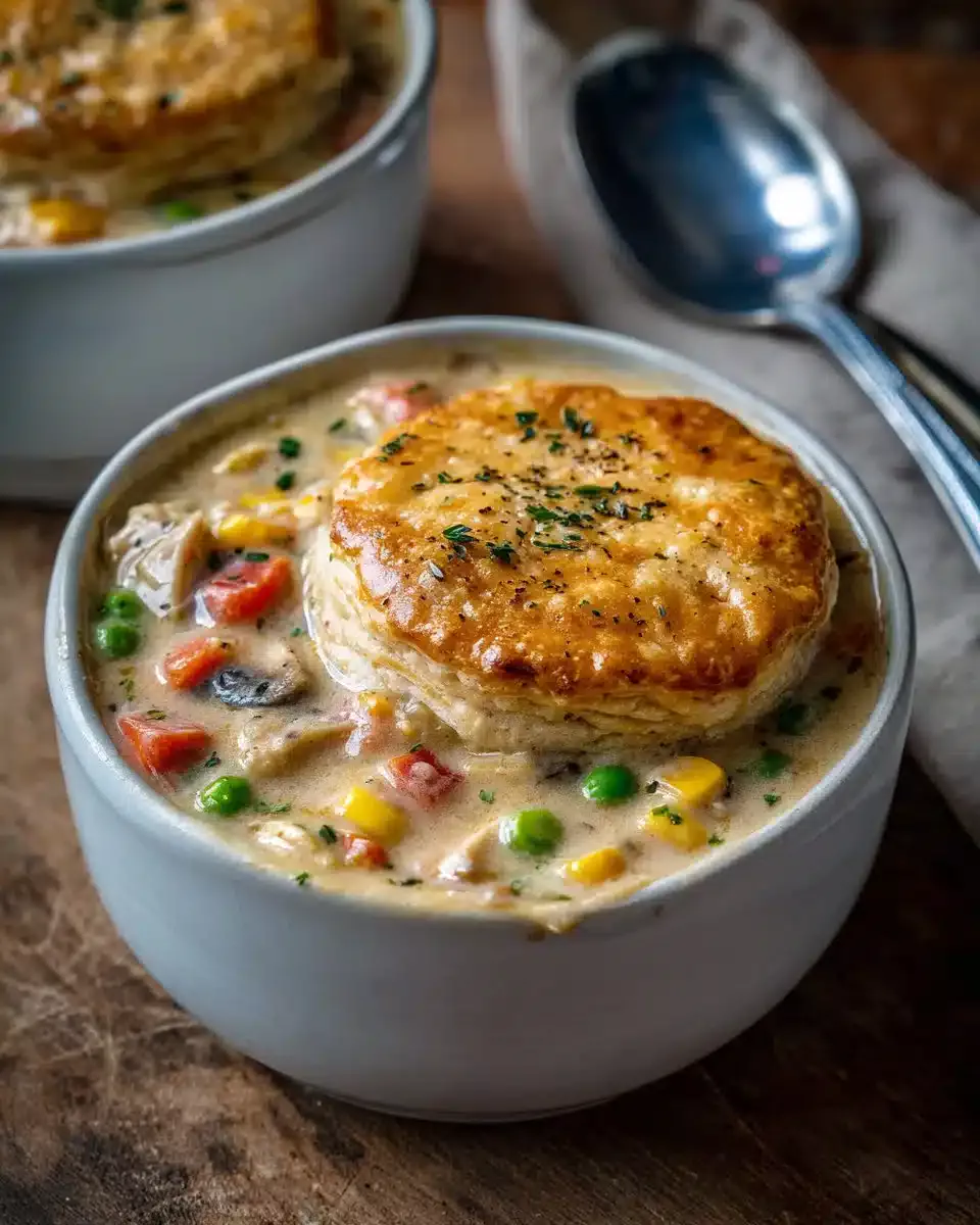 Delicious Veggie Pot Pie Soup in a bowl, filled with colorful vegetables and hearty broth.